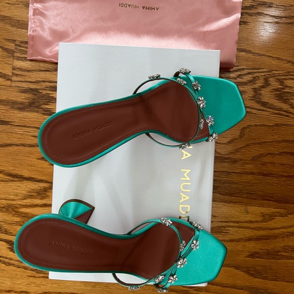 😊SOLD😊 Amina Muaddi Green Crystals Lily heeled sandals in size 40.5 - Picture 7 of 10